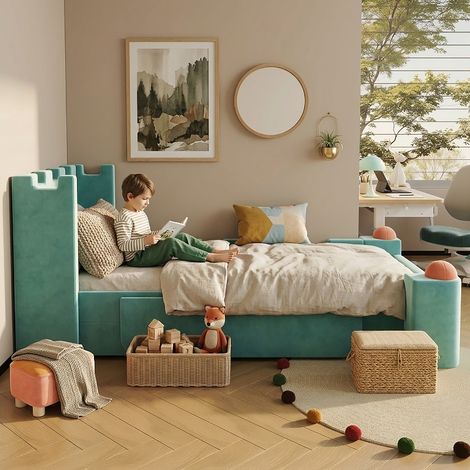 Kinderbett 90x200 cm Polsterbett mit Stauraum Schublade und klappbarer Seitenablage, sicheres Einzelbett im Burg-Design aus Samt, Blaugrün (1/5)