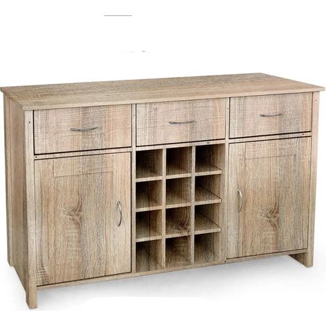 Buffet bajo moderno en roble con 3 cassettes, 2 compartimentos laterales y cantinetta para 12 botellas, 124 x 40 x 80