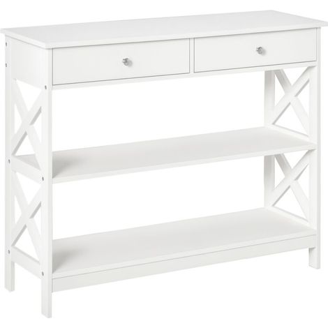 Table de console table d'entrée style table de drapier néo-rétro 2 tiroirs 2 étagères dim. 100L x 30.5l x 80H cm en bois Blanc (1/5)