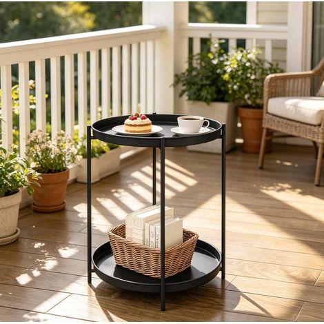 Table d’appoint ronde 44x44x53 cm noire en métal avec rangement amovible et pieds réglables (1/5)