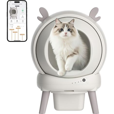 Bac à litière automatique autonettoyant 60 L pour chat - Contrôle via application 2,4 GHz - 9 capteurs anti-pincement - Anti-odeurs, mode chaton - 0,9–15,4 kg, blanc - Norme européenne