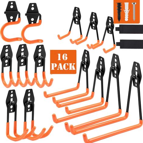 Lot de 16 crochets de garage utilitaires doubles robustes avec supports de balai, crochets de montage mural, rangement de garage et cintres pour outils électriques et de jardin, échelles, vélos (1/5)