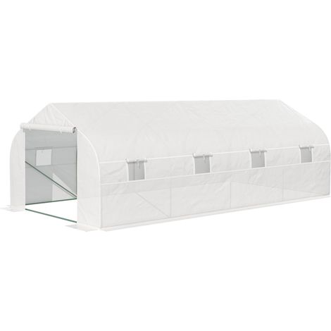 Outsunny 18 m² Gartentunnelgewächshaus, 5,95 m (L) x 3 m (B) x 2 m (H), Doppeltür, aufrollbare Fenster, verzinkter Stahl, hochdichte PE-Folie, weiß