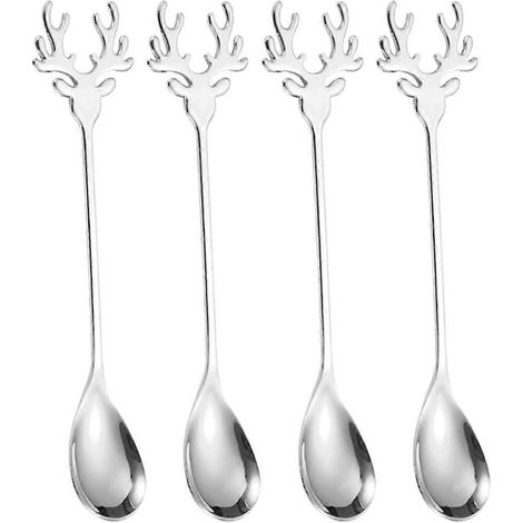 Lot de 4 cuillères à café en acier inoxydable, cuillères à mélanger, cuillères à thé motif élan, XLV (1/2)