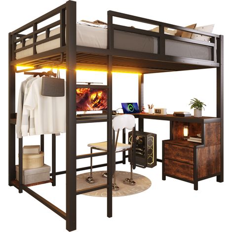 Lit mezzanine 140x200 cm avec LED, port USB, bureau et rangements, structure métal noir et panneaux effet bois pour chambre, studio ou gaming  CHICFURN (1/5)