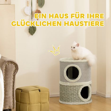 Griffoir tonneau deux étages pour chat, 49 cm hauteur Ø 35,5 cm, rebord moelleux, tapis à griffer, 2 cachettes, couleur kaki et café. (1/4)