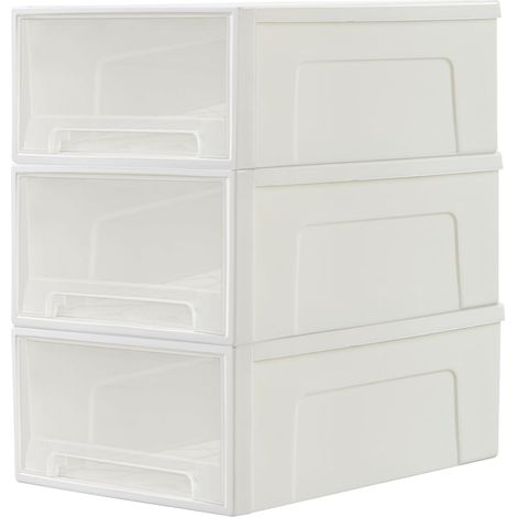 Tour de Rangement 3 Tiroirs - Lot de 3 - Plastique PP - Empilable et Ventilé - Bureau et Maison - Blanc et Transparent (1/5)