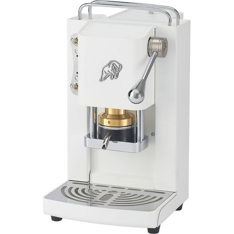 FABER COFFEE MACHINES 3.0 Pro Essential – Cafetera ESE 44 mm compacta con bidón de cristal, soporte para cápsulas extraíble y prensa ajustable de latón (blanco, cromo)