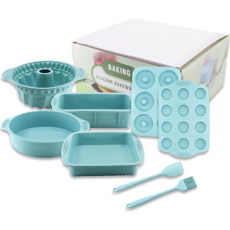 8 en 1 Moule Gâteau Silicone Antiadhésif, Moules à Muffins, Rectangulaire/Carré/Bundt Cake/Rond/Beignets Avec Grattoir à Pâte et Pinceau de Cuisson (1/5)