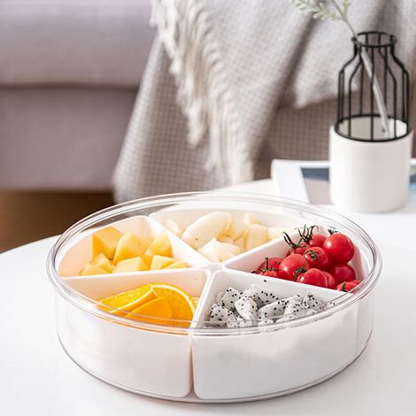 Plateau De Service Divisé Avec Couvercle - Boîte De Rangement Pour En-Cas Et Déjeuner - 26 X 26 X 7 5 Cm - 5 Compartiments Démontables - Blanc (1/5)