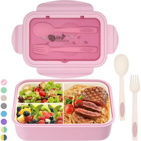 Lunch Box, Boîte à Déjeuner en Plastique pour Enfant Adulte, Boîte à Repas avec Trois Compartiments et Couverts(Fourchette et Cuillère) (rose) (1/5)
