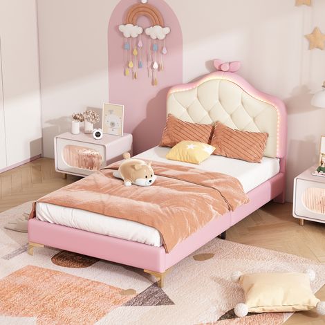 Lit simple rembourré 90 x 200 cm, tête de lit ondulée avec bande lumineuse LED multicolore réglable, lit enfant, PU, rose (1/5)