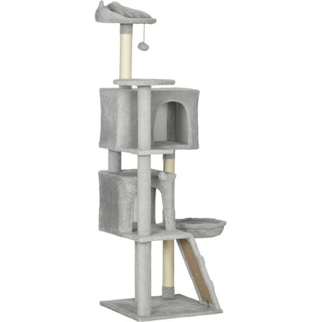 Arbre à chat haut 160 cm poteaux à Griffers en sisal niches plateformes en peluche hamac échelle balles de jeu Gris (1/5)