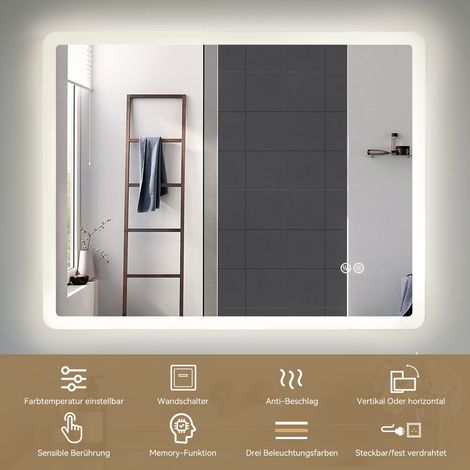 Badezimmerspiegel LED Badspiegel mit-Beleuchtung mit-Licht und Entfoggen, Dimmbar, Memory Funktion, Horizontal/Vertikal (70x90 cm) (1/5)