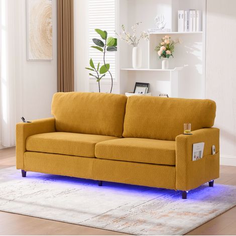 Canapé 2 places en chenille jaune moutarde 203 cm avec USB-C, LED dimmable et porte-gobelets (1/5)