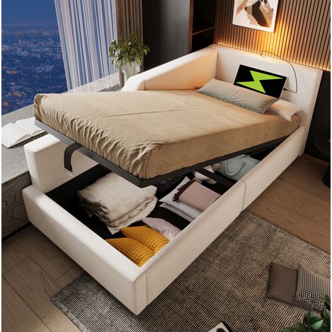 Lit banquette classique rembourré 90x190 cm en velours beige, avec coffre hydraulique, liseuse et port USB-C (1/5)