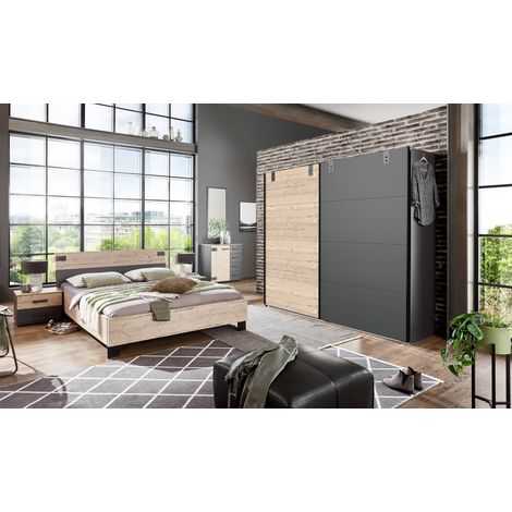 Chambre à coucher complète adulte (lit 180x200 cm + 2 chevets + armoire + commode), coloris chêne -PEGANE- (1/2)