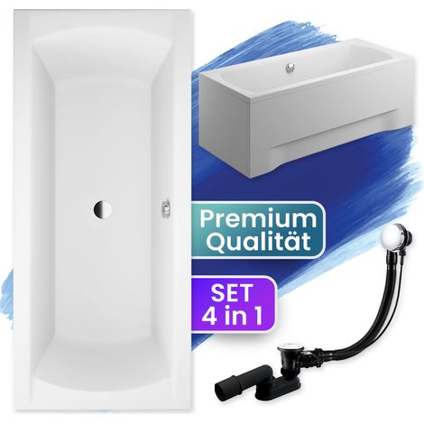 Badewanne Rechteck 180x80 mit AcrylSchürze, Ablaufgarnitur & Füßen GRATIS - Komplettset 4in1 Original Acryl Wanne Siphon - BADLAND INES (1/5)