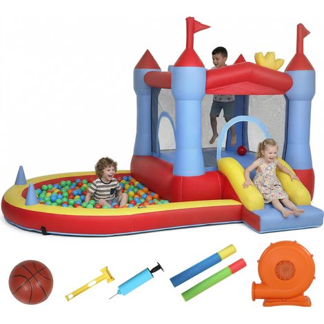 Castello gonfiabile con soffiatore, area giochi gonfiabile con scivoli, trampolino, piscina di palline, multicolore