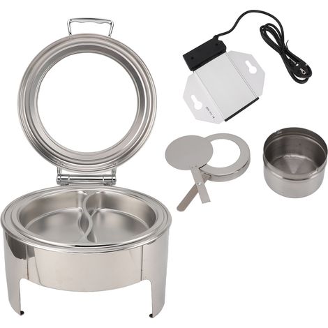 Assiette chauffante ronde 6L avec couvercle en verre, plat de service à température constante pour buffet, chauffé à l'alcool, 2 demi-plats, fiche UE 220-240V (1/5)