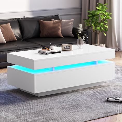 Tavolino da salotto LED 100x50x35 cm bianco lucido con 2 cassetti, design moderno multifunzionale (1/5)