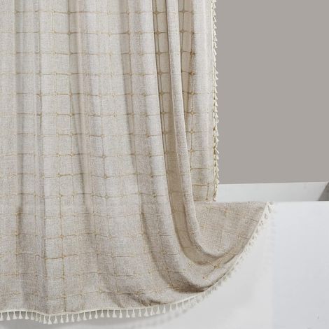 Cortina de ducha estilo Boho Farmhouse en color marrón claro, mezcla de algodón y lino resistente a las arrugas, 310 g/m², 183 x 183 cm, 12 ganchos incluidos. (1/5)