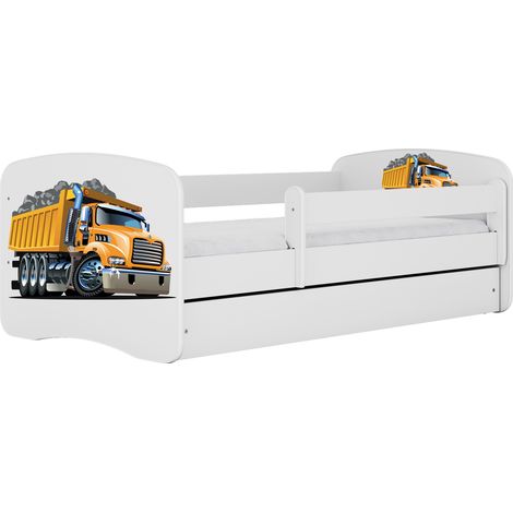 Lit enfant 80x160 cm avec tiroir et barrière avec matelas blanc motif Camion (1/5)