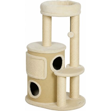 Arbre à chat avec tonneau à griffer à 2 niveaux, poteaux à griffer en sisal, plateforme avec planche en sisal et balle de jeu, pour chats jusqu'à 5 kg (1/5)