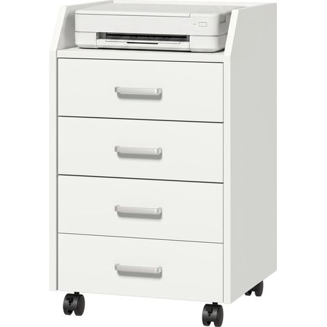 Meuble de bureau en bois avec 4 tiroirs, roulettes et bords rehaussés, 40x36x65cm, Blanc (1/5)