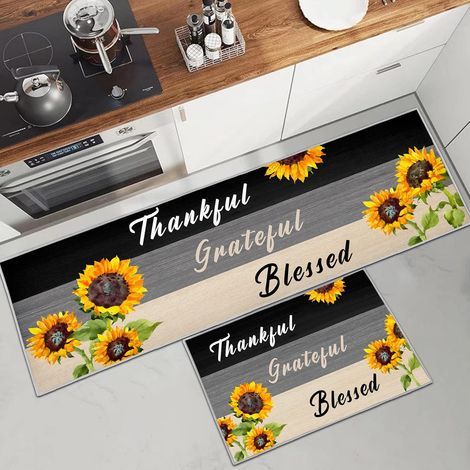 Set of 2 rubber kitchen mats, (Sunflower, 40 x 120 cm + 40 x 60 cm) Water and oil absorbent, kitchen doormats, living room mats