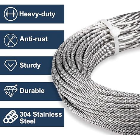 Cable Acier 6mm Câbles Métalliques Cable Inox avec Manchons de Sertissage Âme de 7×19 Brins pour Fil de Clôtur Fil a linge Fil Inox pour Plantes Grimpantes Suspension (1/4)