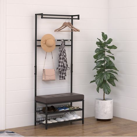 Porte-manteau avec banc et range-chaussures, métal noir, 72,5 x 35 x 180 cm (1/5)