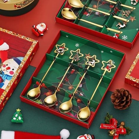 Ensemble de 4 cuillères à café de Noël dorées en acier inoxydable, cuillère à dessert, décoration de table pour le Nouvel An (1/4)