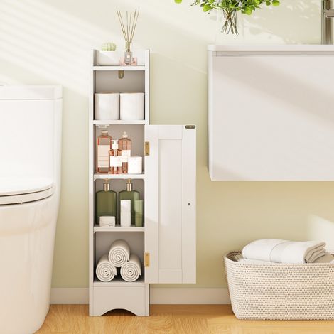 Petit Meuble de Salle de Bain Armoire de Coin au Sol avec Porte & Étagères Réglables Porte-Papier Toilette Étroit 18 X 19,5 X 80 CM Blanc (1/3)