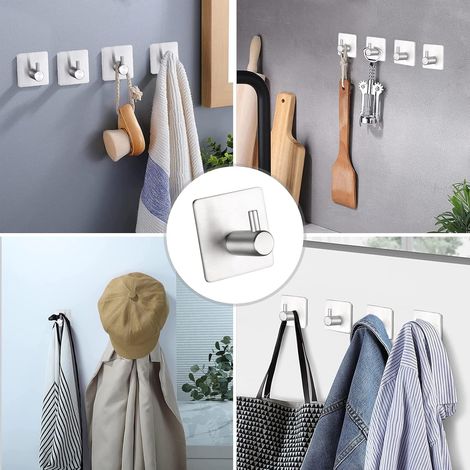 4 Pièces Crochet Adhesif Mural en Acier Inox, Crochets Adhésifs Muraux Salle de Bains Cuisine, Inox Patère Murale Adhesive Autocollant sans Percer (1/5)