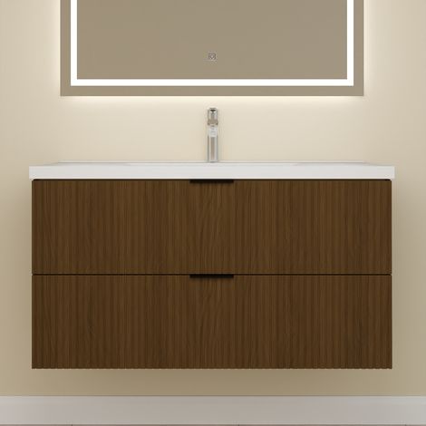 Biubiubath Meuble de Salle de Bain suspendu 100 cm Noyer avec 2 tiroirs + vasque Céramique