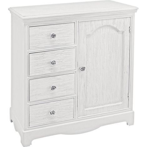Credenza "Blanc" con struttura in MDF, finitura bianca opaca, effetto decapato, stile classico -1 Anta - 4 Cassetti (1/4)