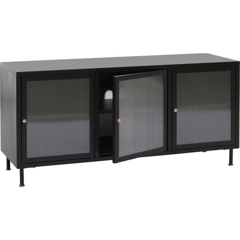 [JAMAIS UTILISÉ] Meuble TV HHG-438, meuble TV bas, buffet, portes, compartiments de rangement, style industriel, métal, verre canné, 58 x 120 x 40 cm, noir