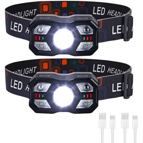 Powerful Rechargeable LED Headlamp 2 Pcs, Ultra Bright 2000 Lumens, Lightweight and Durable with Sensor and Red 10 Lighting Modes IPX5 for Running, Fishing, Cycling, Camping (1/5)