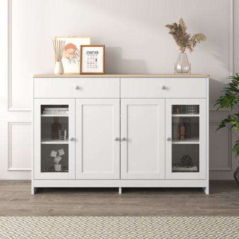 Weißes Sideboard in Holzoptik mit vier Türen, zwei Schubladen und einer Glastür. Für Wohn-/Esszimmer. Farbe: Holz, Weiß. Maße: 120 x 80 x 37 cm.