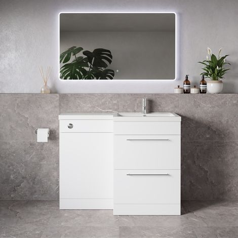 Napoli 390 Gloss White 1100mm 2 Drawer Vanity Unit Toilet Suite with Square Right Hand Lucia Basin - 1100mm - Chrome 320mm HandleWithout Kingston Toilet Pan