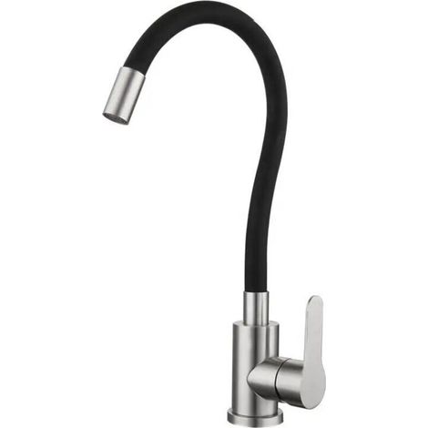 Robinet de cuisine flexible avec bec haut pivotant, mitigeur d'évier monotrou, chrome et noir, eau chaude et froide (tuyau flexible) (1/4)