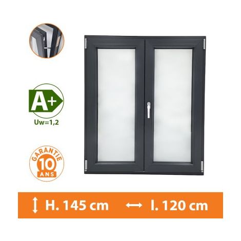 Direct Fenêtres – Fenêtre PVC 2 vantaux gris anthracite – H.145 x l.120 cm – Double vitrage 4/16/4 – Isolation thermique A+ (1/5)