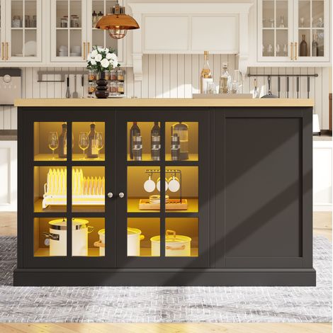 Tavolo bar pieghevole 120x40-70x90 cm nero in MDF con LED USB, portabottiglie inclinato e cassetto (1/5)