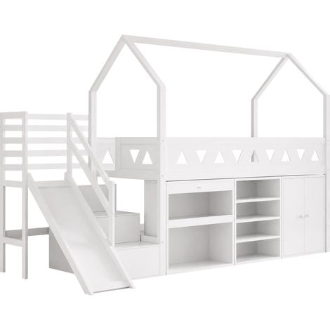 Cama alta infantil blanca 90 x 200 cm con tobogán, escalera, cajones y almacenaje HOMVRA (1/5)