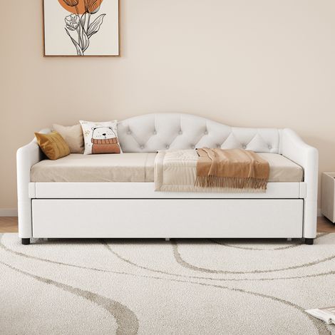 Lit banquette minimaliste en lin beige 90x200 cm avec lit gigogne et sommier à lattes (1/5)