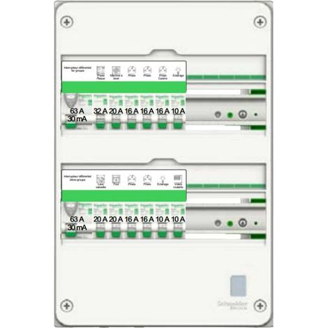 Schneider Electric – Tableau équipé à encastrer 2 rangées 13 modules – R9HPNFC15127P – Pré-câblé pour logements T3/T4 – Protection prises et éclairage