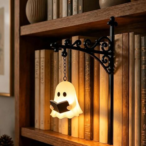 Lampe étagère fantôme Halloween, bouquin, bougie LED, résine, livres, veilleuse, déco (1/5)