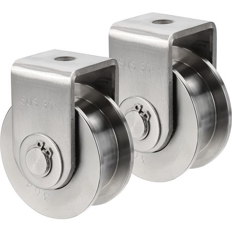 Juego de 2 ruedas con ranura en H y soporte, rueda de carril de acero inoxidable, diámetro de 6,9 cm, capacidad de carga de 300 kg, ruedas rígidas de alta resistencia para maquinaria de puertas indust