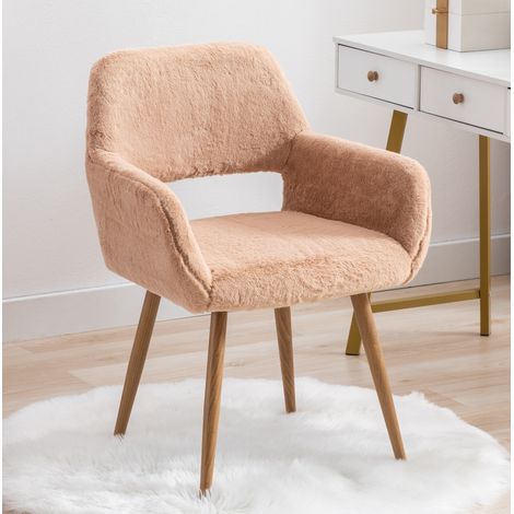 Sedia da pranzo color cammello in similpelliccia con braccioli e gambe in metallo effetto legno (1/5)